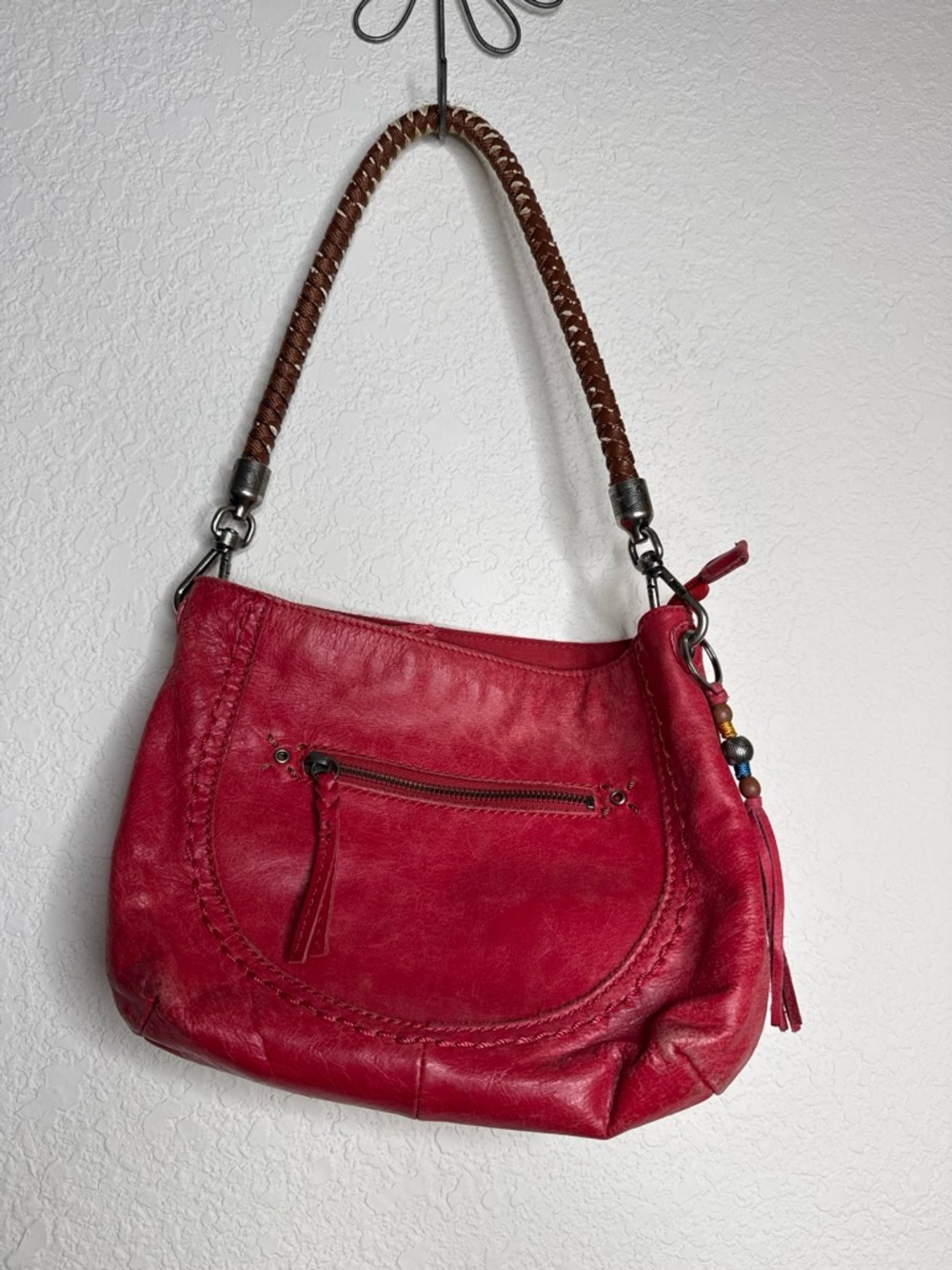 The Sak Red Leather Hobo Bag Braided Handle Beaded Tassel